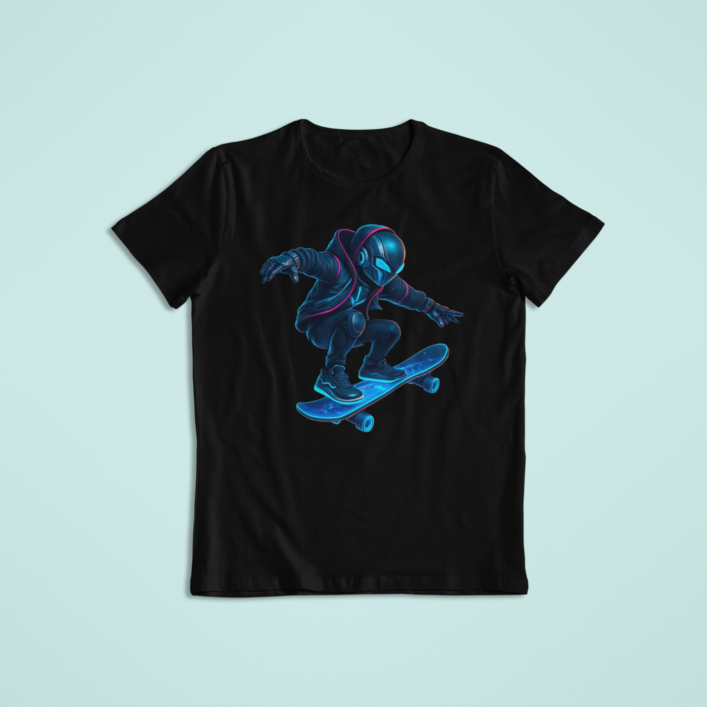 Futuristic Skater T-Shirt & Hoodie – Neon Cyberpunk Skateboarding Design - Youth - Teen - Adult - Short Sleeve - Long Sleeve