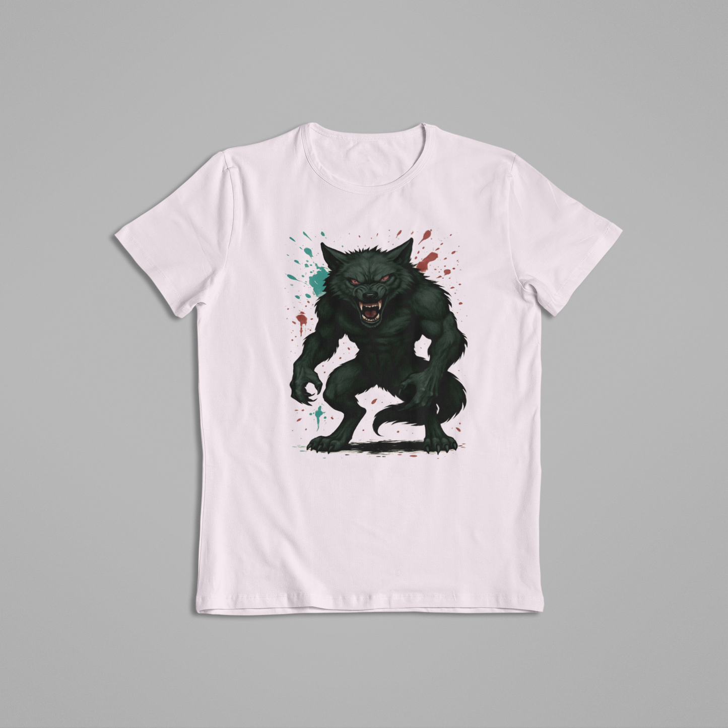 Menacing Werewolf T-Shirt – Glossy Black Fur, Glowing Red Eyes, Horror Fantasy Creature Design for Halloween & Werewolf Fans