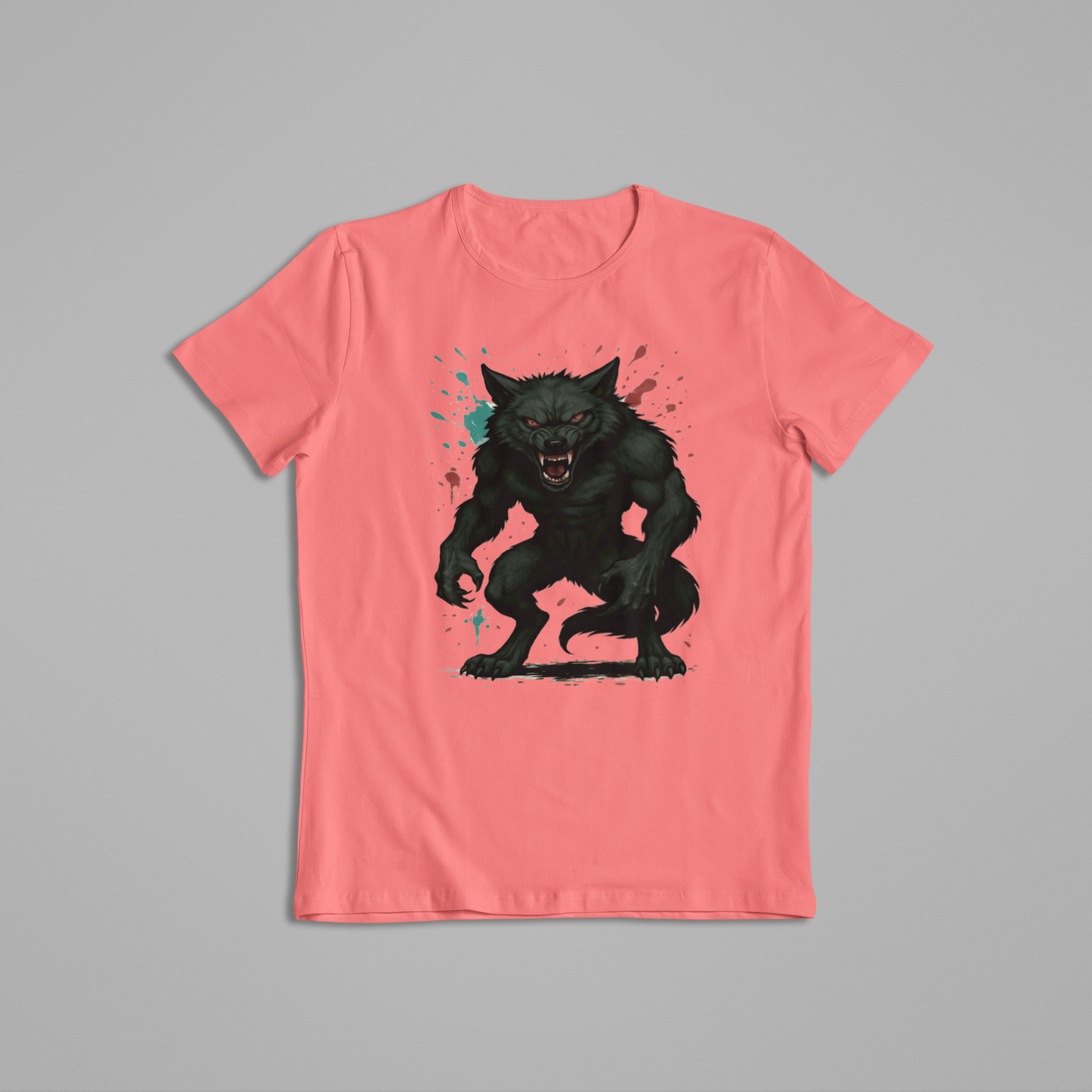 Menacing Werewolf T-Shirt – Glossy Black Fur, Glowing Red Eyes, Horror Fantasy Creature Design for Halloween & Werewolf Fans