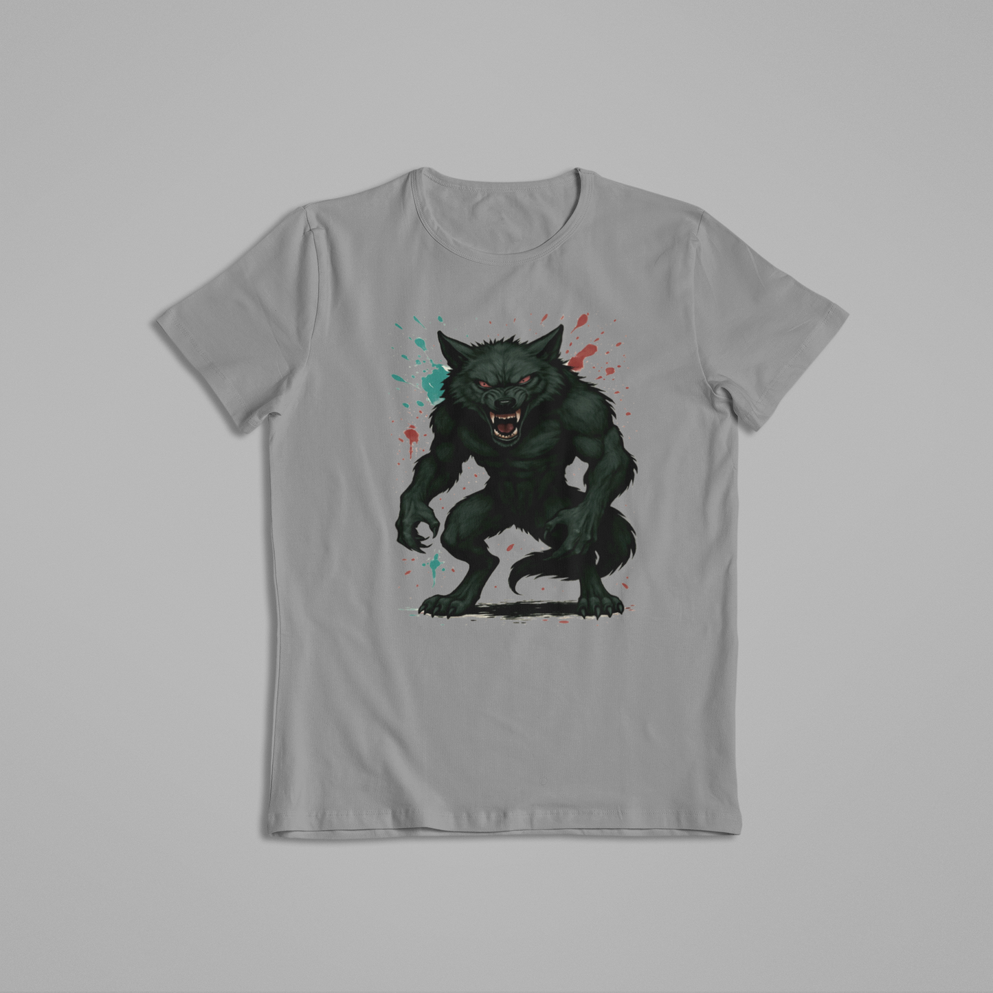Menacing Werewolf T-Shirt – Glossy Black Fur, Glowing Red Eyes, Horror Fantasy Creature Design for Halloween & Werewolf Fans
