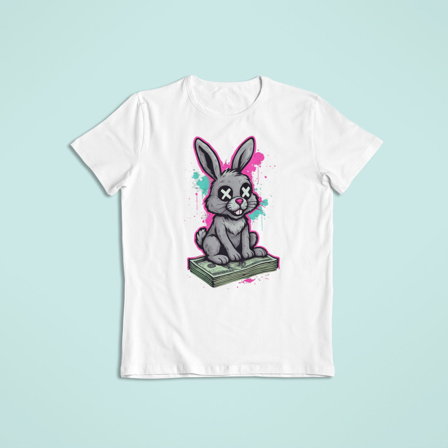 Dead Bunny Money Art Shirt – Funny Graffiti Bunny Sitting on Cash | Streetwear Style T-Shirt & Hoodie