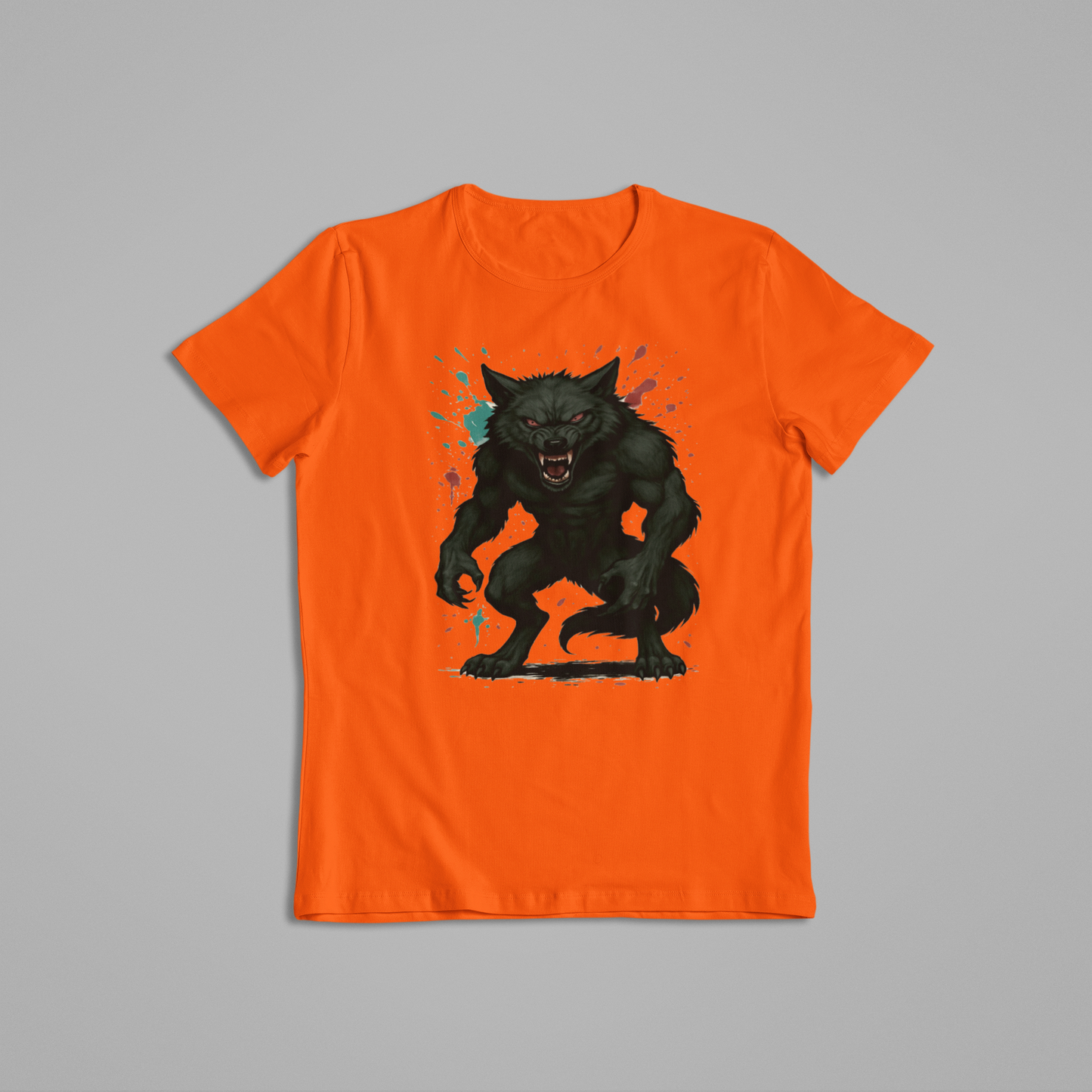 Menacing Werewolf T-Shirt – Glossy Black Fur, Glowing Red Eyes, Horror Fantasy Creature Design for Halloween & Werewolf Fans