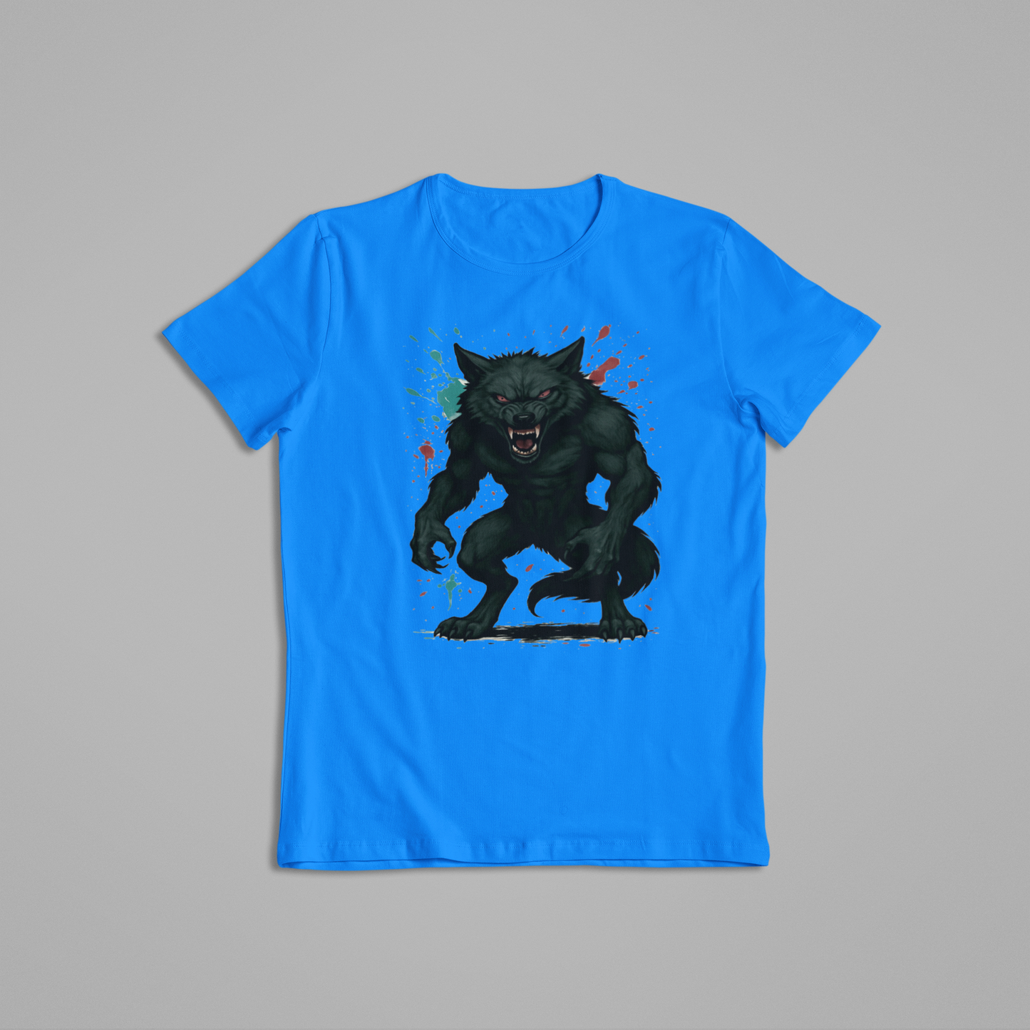 Menacing Werewolf T-Shirt – Glossy Black Fur, Glowing Red Eyes, Horror Fantasy Creature Design for Halloween & Werewolf Fans