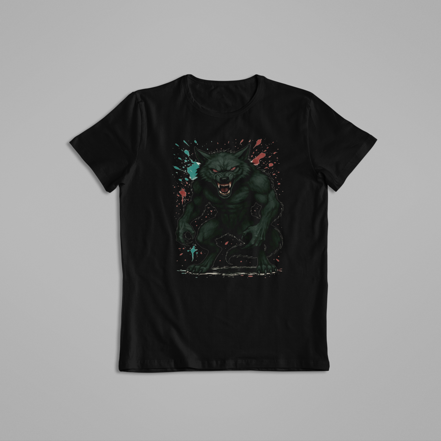 Menacing Werewolf T-Shirt – Glossy Black Fur, Glowing Red Eyes, Horror Fantasy Creature Design for Halloween & Werewolf Fans