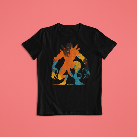 Abstract Alien Paint Splash Shirt or Hoodie – Vibrant Orange, Yellow & Blue Splatter Art – Short Sleeve, Long Sleeve, Hoodie – Unisex S–2XL