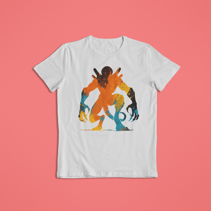 Abstract Alien Paint Splash Shirt or Hoodie – Vibrant Orange, Yellow & Blue Splatter Art – Short Sleeve, Long Sleeve, Hoodie – Unisex S–2XL