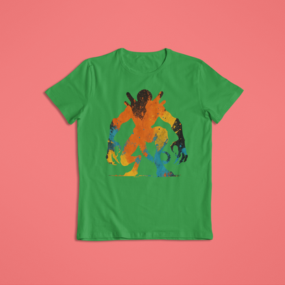 Abstract Alien Paint Splash Shirt or Hoodie – Vibrant Orange, Yellow & Blue Splatter Art – Short Sleeve, Long Sleeve, Hoodie – Unisex S–2XL