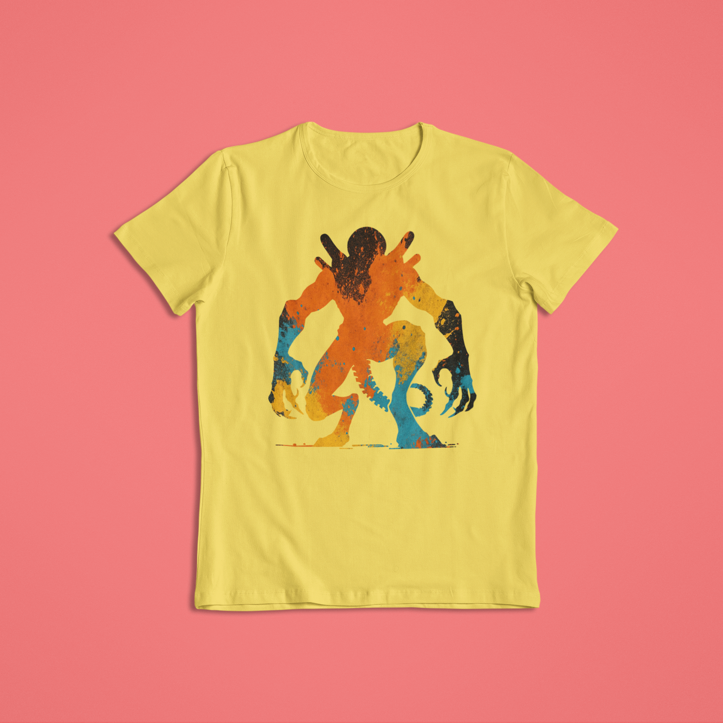 Abstract Alien Paint Splash Shirt or Hoodie – Vibrant Orange, Yellow & Blue Splatter Art – Short Sleeve, Long Sleeve, Hoodie – Unisex S–2XL