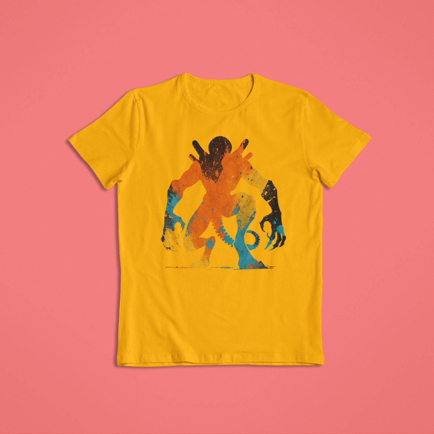Abstract Alien Paint Splash Shirt or Hoodie – Vibrant Orange, Yellow & Blue Splatter Art – Short Sleeve, Long Sleeve, Hoodie – Unisex S–2XL