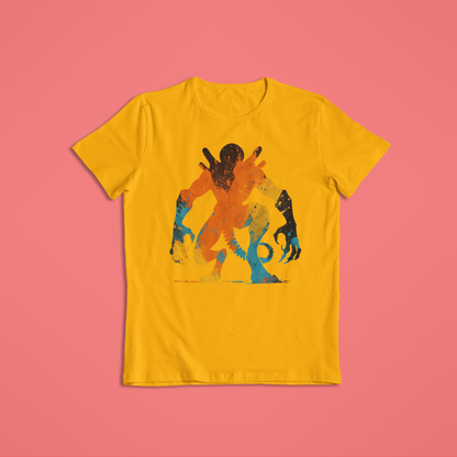 Abstract Alien Paint Splash Shirt or Hoodie – Vibrant Orange, Yellow & Blue Splatter Art – Short Sleeve, Long Sleeve, Hoodie – Unisex S–2XL