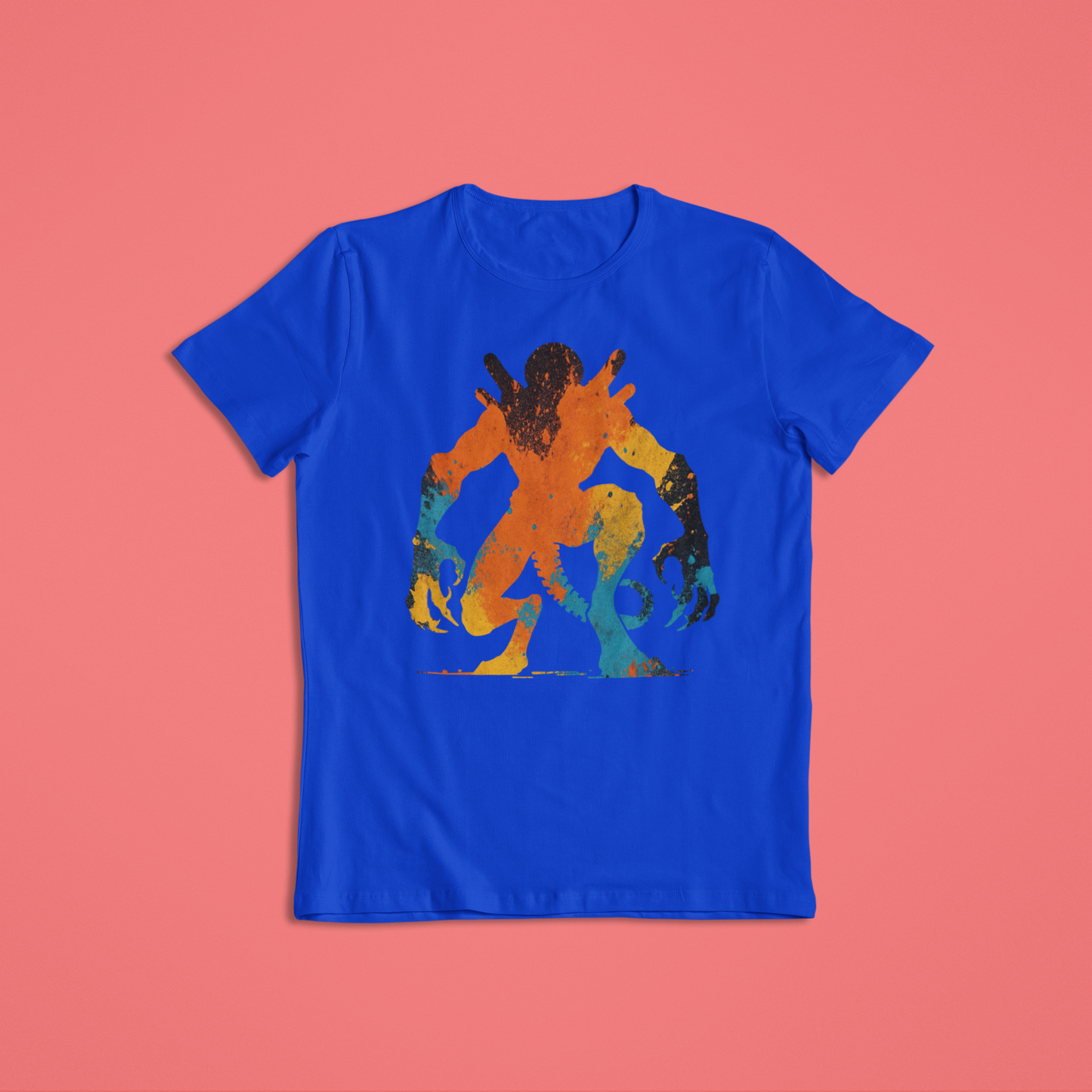 Abstract Alien Paint Splash Shirt or Hoodie – Vibrant Orange, Yellow & Blue Splatter Art – Short Sleeve, Long Sleeve, Hoodie – Unisex S–2XL