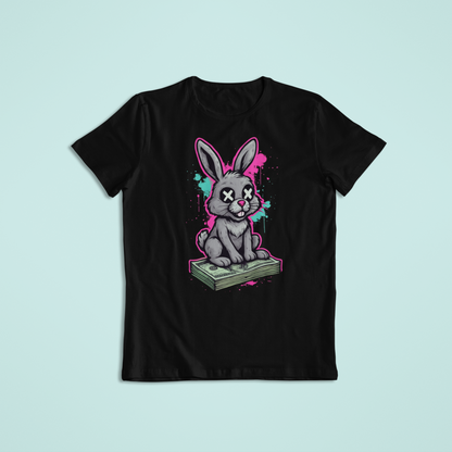 Dead Bunny Money Art Shirt – Funny Graffiti Bunny Sitting on Cash | Streetwear Style T-Shirt & Hoodie