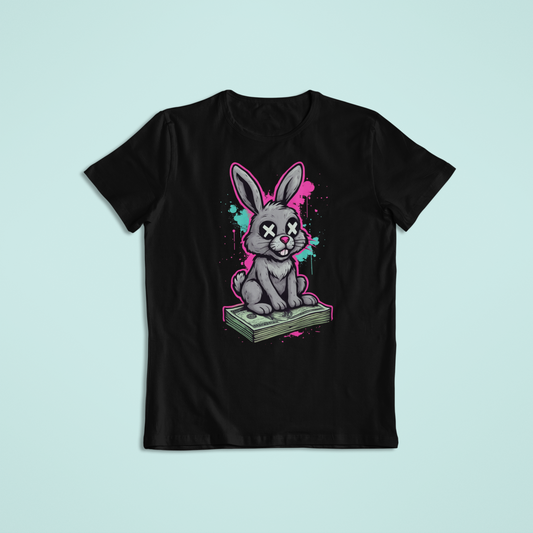 Dead Bunny Money Art Shirt – Funny Graffiti Bunny Sitting on Cash | Streetwear Style T-Shirt & Hoodie