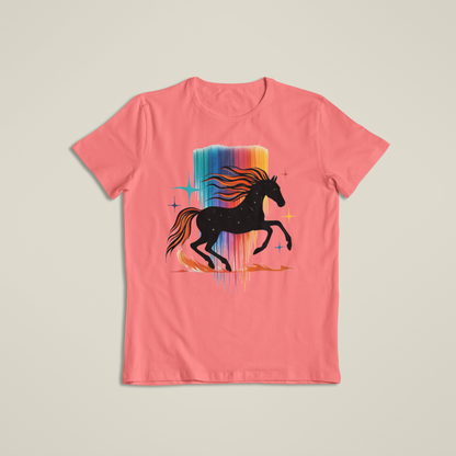 Majestic Rainbow Horse Shirt, Cosmic Running Horse T-Shirt, Colorful Galaxy Mane Hoodie, Artistic Wild Horse Tee