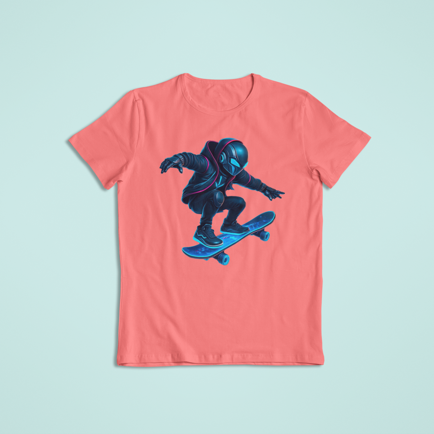 Futuristic Skater T-Shirt & Hoodie – Neon Cyberpunk Skateboarding Design - Youth - Teen - Adult - Short Sleeve - Long Sleeve