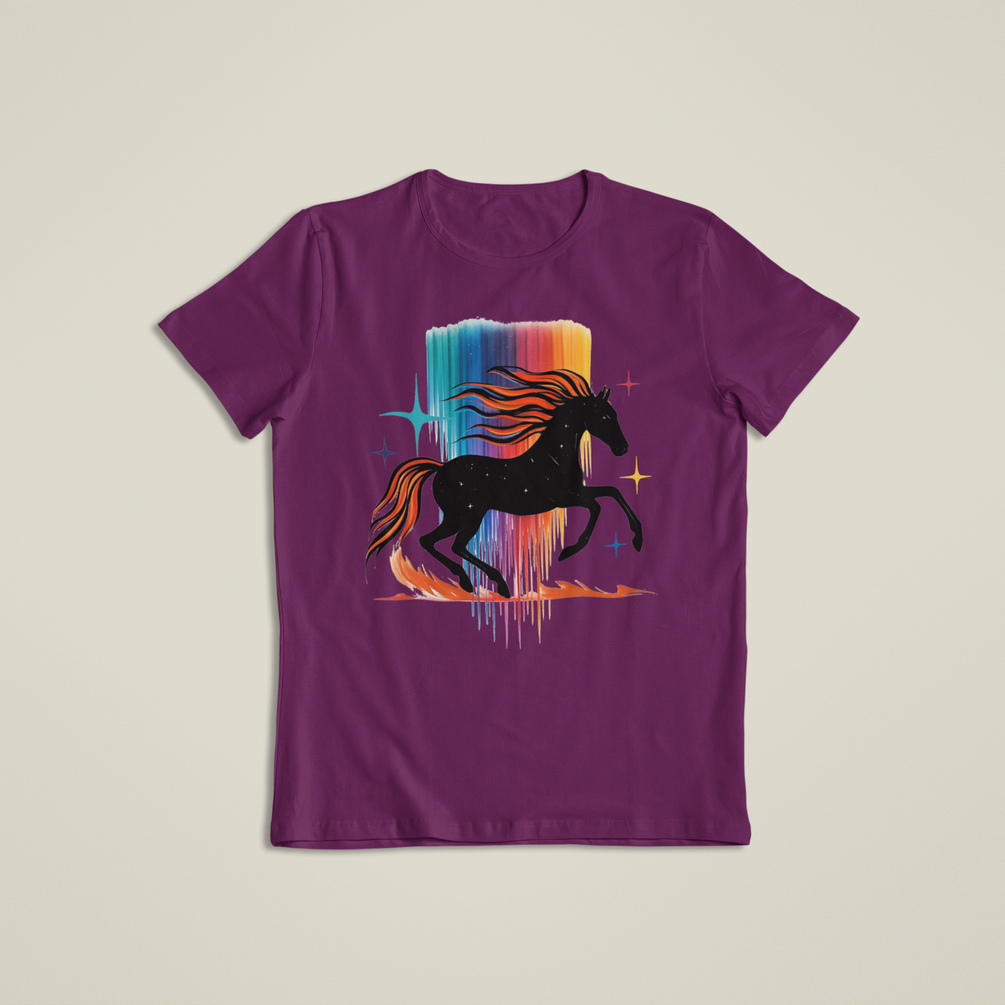 Majestic Rainbow Horse Shirt, Cosmic Running Horse T-Shirt, Colorful Galaxy Mane Hoodie, Artistic Wild Horse Tee