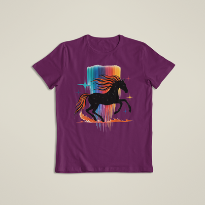 Majestic Rainbow Horse Shirt, Cosmic Running Horse T-Shirt, Colorful Galaxy Mane Hoodie, Artistic Wild Horse Tee