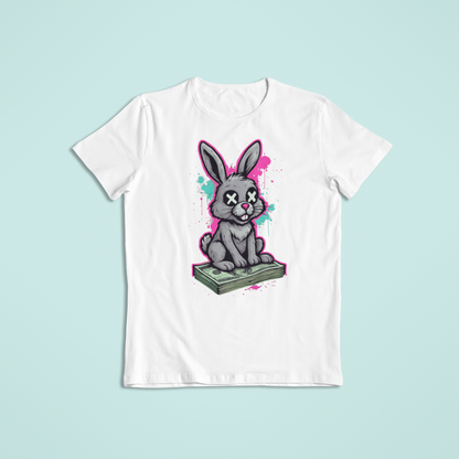 Dead Bunny Money Art Shirt – Funny Graffiti Bunny Sitting on Cash | Streetwear Style T-Shirt & Hoodie