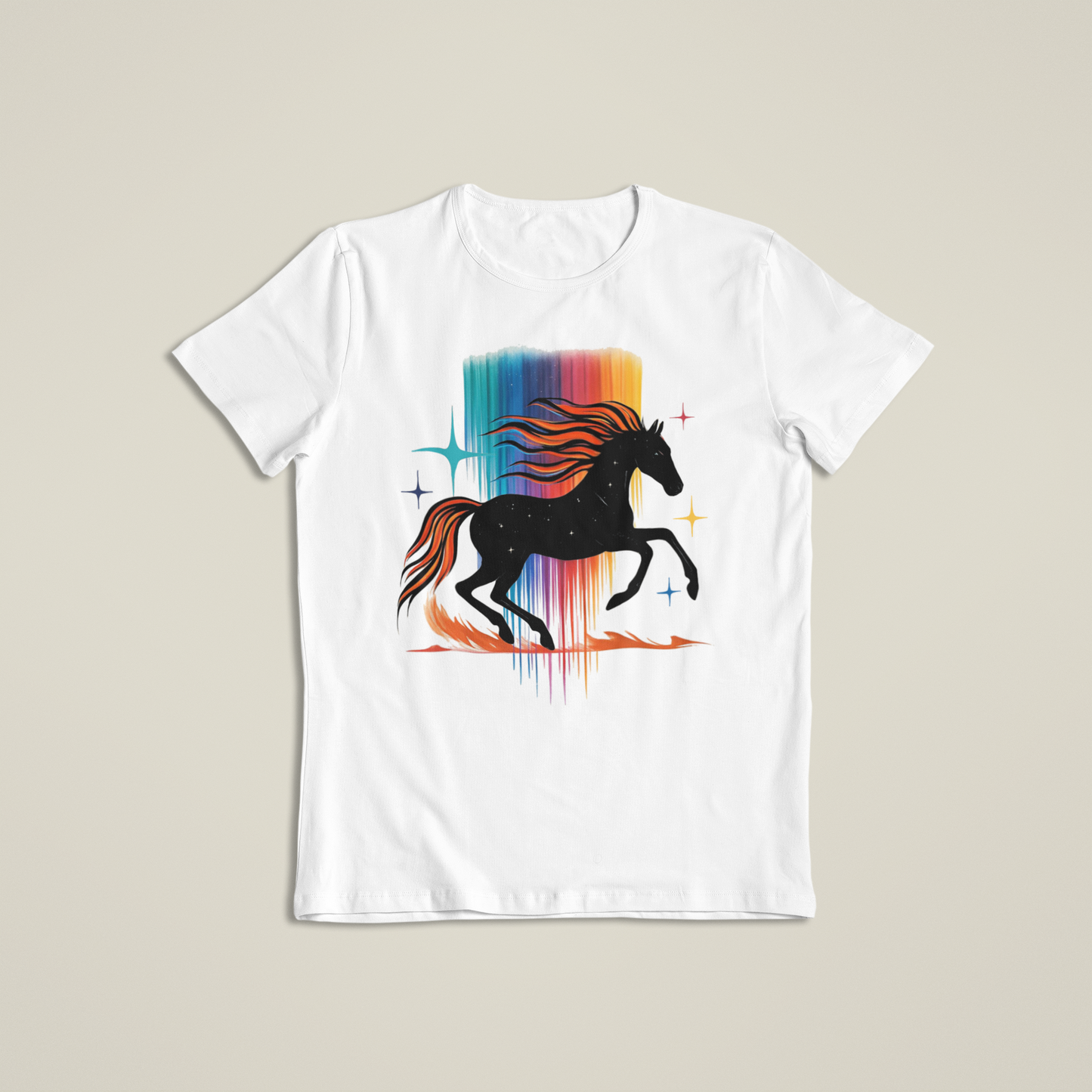 Majestic Rainbow Horse Shirt, Cosmic Running Horse T-Shirt, Colorful Galaxy Mane Hoodie, Artistic Wild Horse Tee