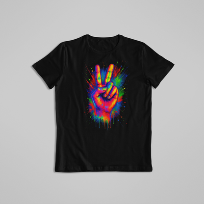 Rainbow Peace Sign T-shirt and Hoodie, Color Splash Hand Tee, Vibrant Hippie Art