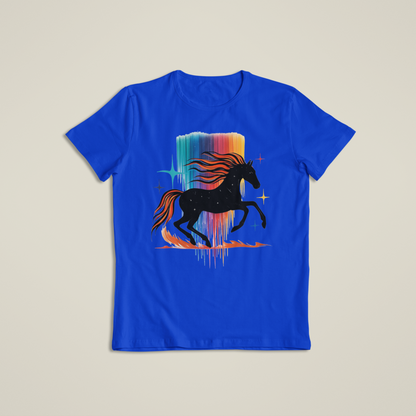 Majestic Rainbow Horse Shirt, Cosmic Running Horse T-Shirt, Colorful Galaxy Mane Hoodie, Artistic Wild Horse Tee