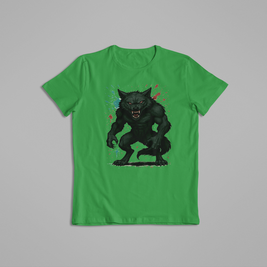 Menacing Werewolf T-Shirt – Glossy Black Fur, Glowing Red Eyes, Horror Fantasy Creature Design for Halloween & Werewolf Fans