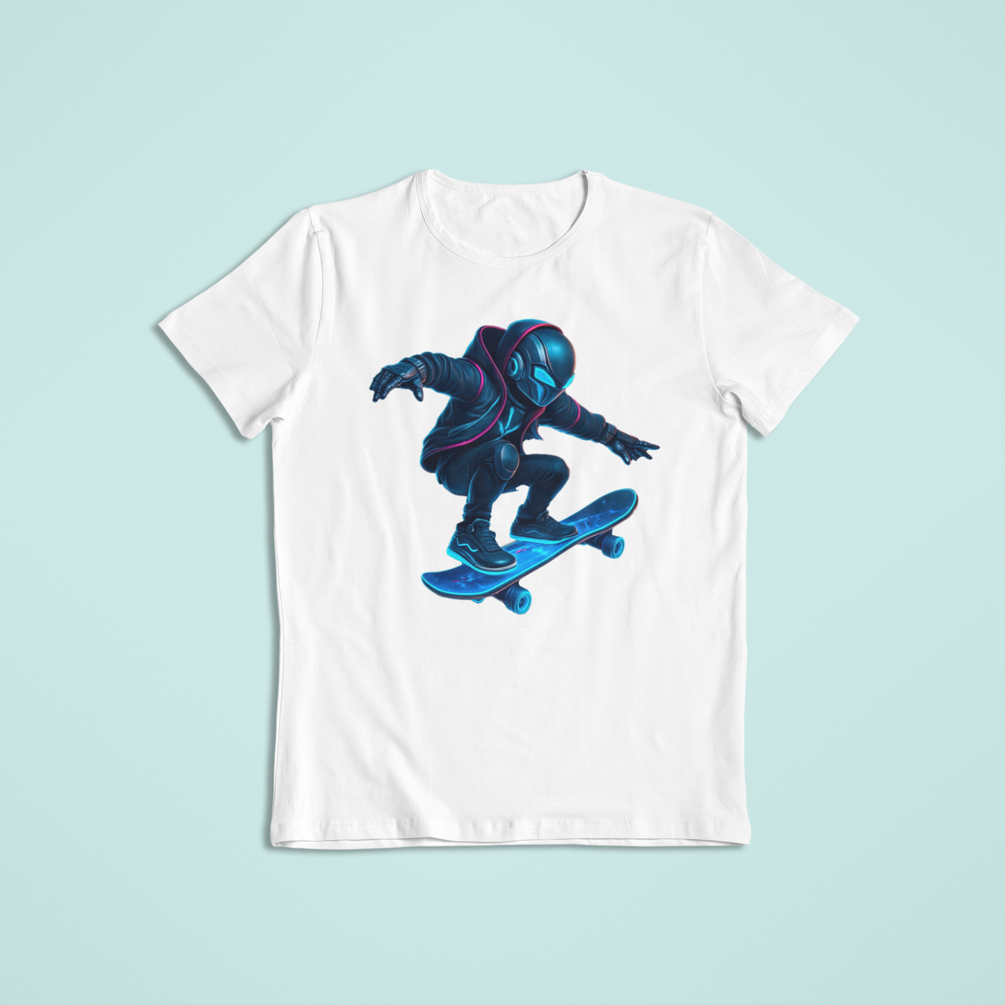 Futuristic Skater T-Shirt & Hoodie – Neon Cyberpunk Skateboarding Design - Youth - Teen - Adult - Short Sleeve - Long Sleeve