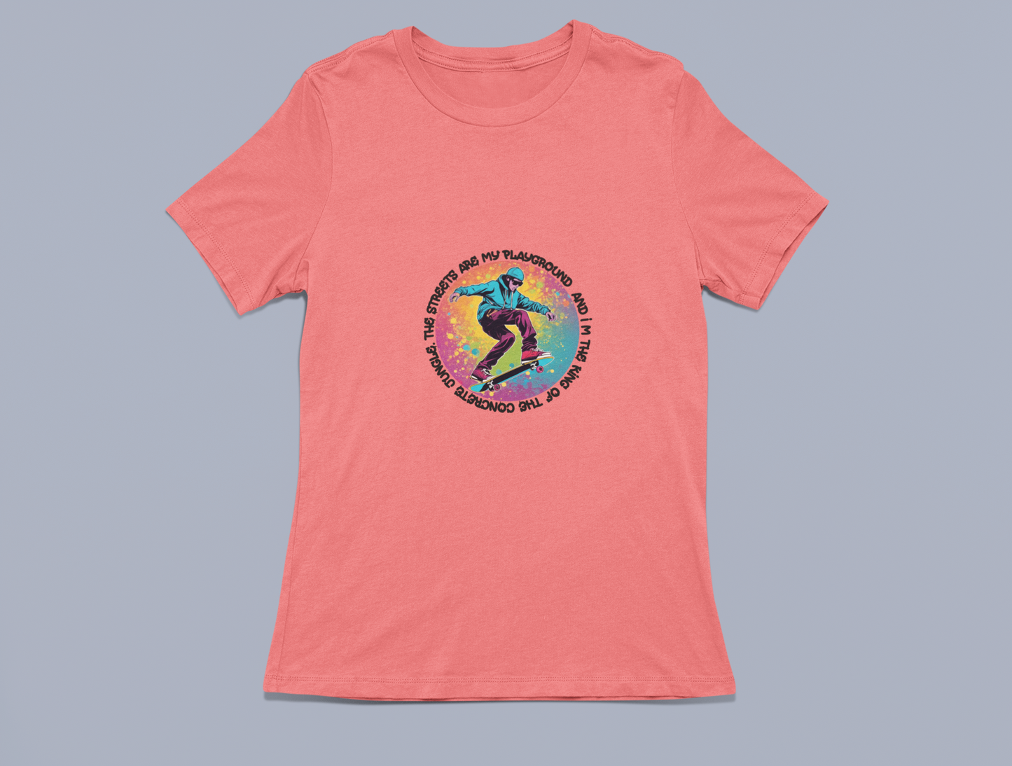 Vibrant Skateboarder with Unique Saying Tees and Hoodies