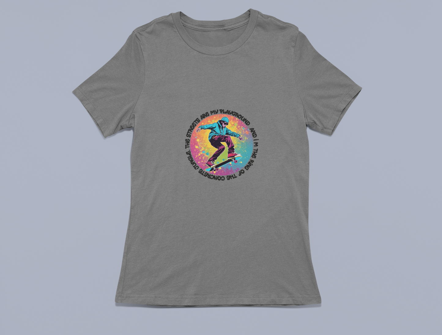 Vibrant Skateboarder with Unique Saying Tees and Hoodies