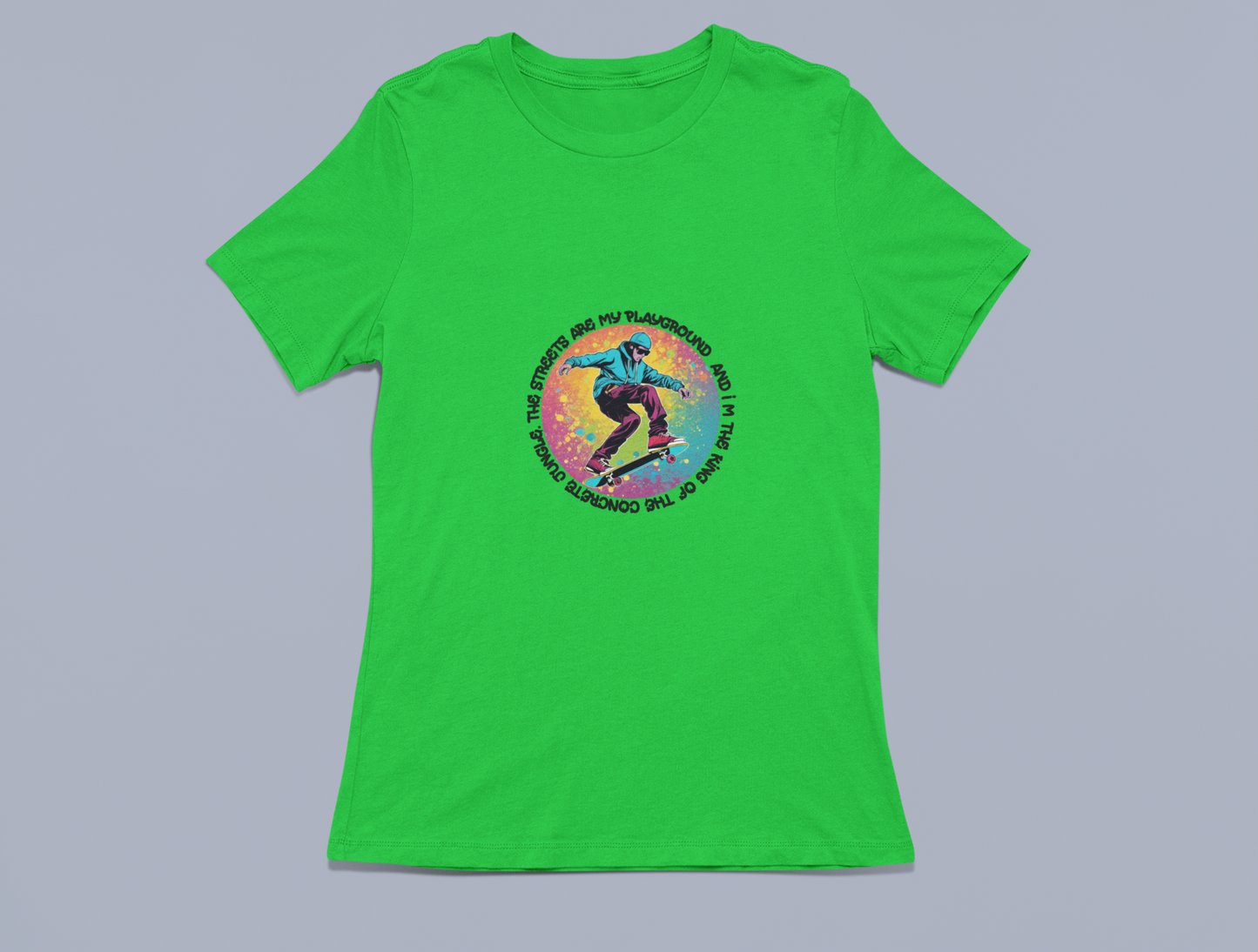 Vibrant Skateboarder with Unique Saying Tees and Hoodies