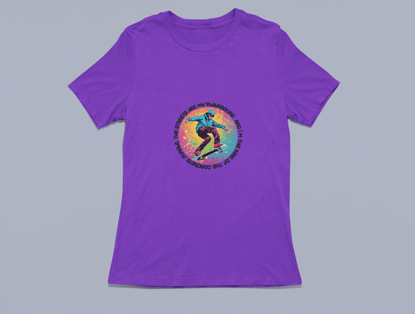 Vibrant Skateboarder with Unique Saying Tees and Hoodies