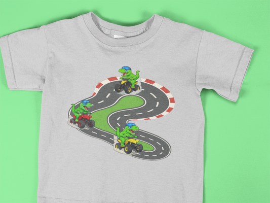 Toddler T-Rex Racing Shirt | Fun Dinosaur on 4-Wheeler Tee | Kids Adventure Outfit